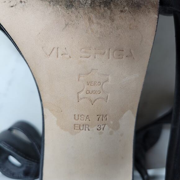 VTG Via Spiga Janel Heels Womens 7 Black Leather Chunky Twisted Strap Block Heel - Picture 10 of 16